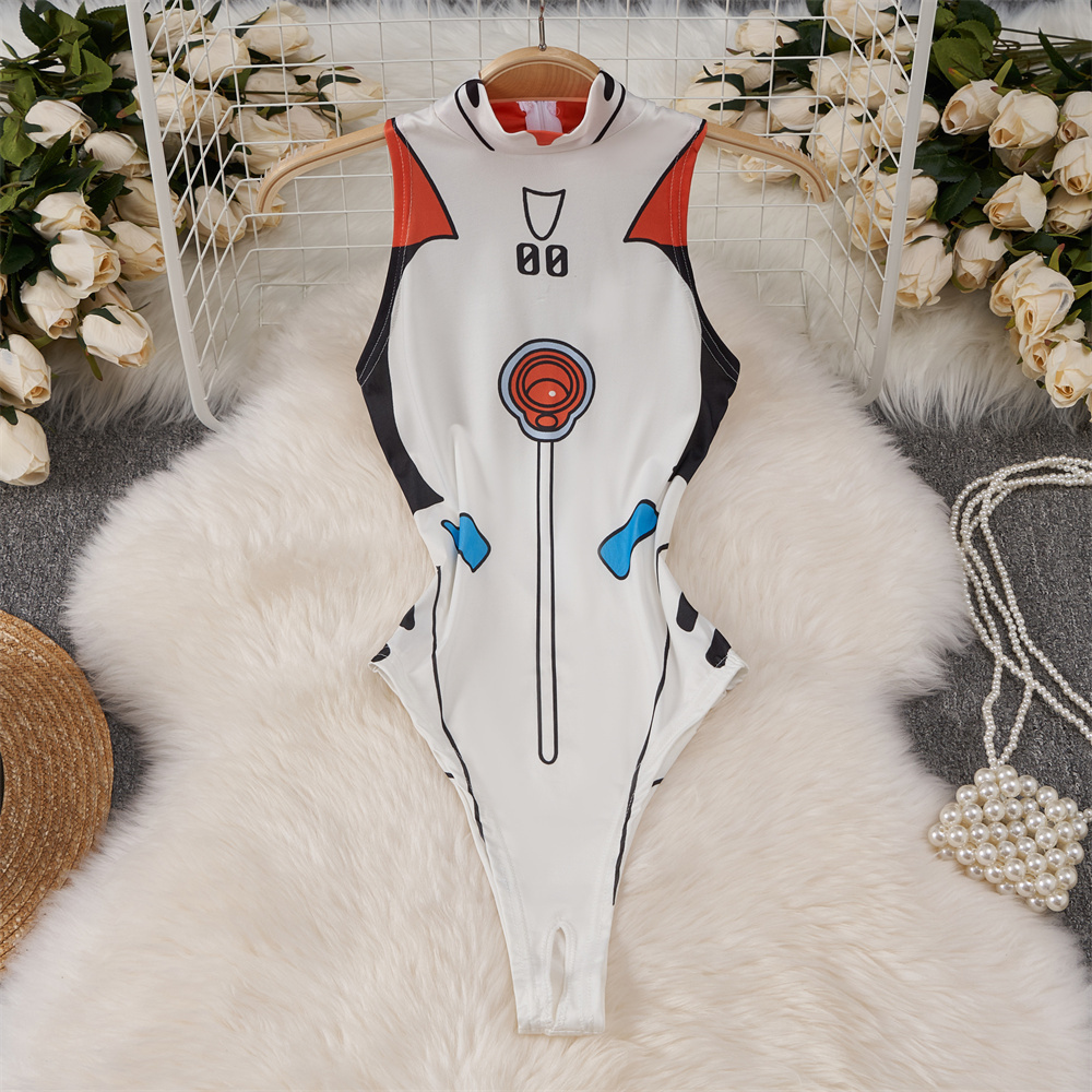 Turtleneck Bodysuit - White Cute Sweet Cartoon Printed Jumpsuit