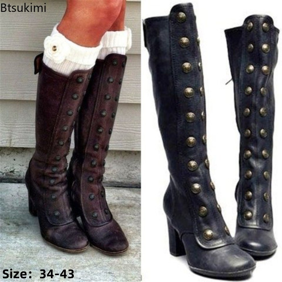 Women'S Fashion Knee High Boots - Retro Black Fashion Rivet Decor Boots