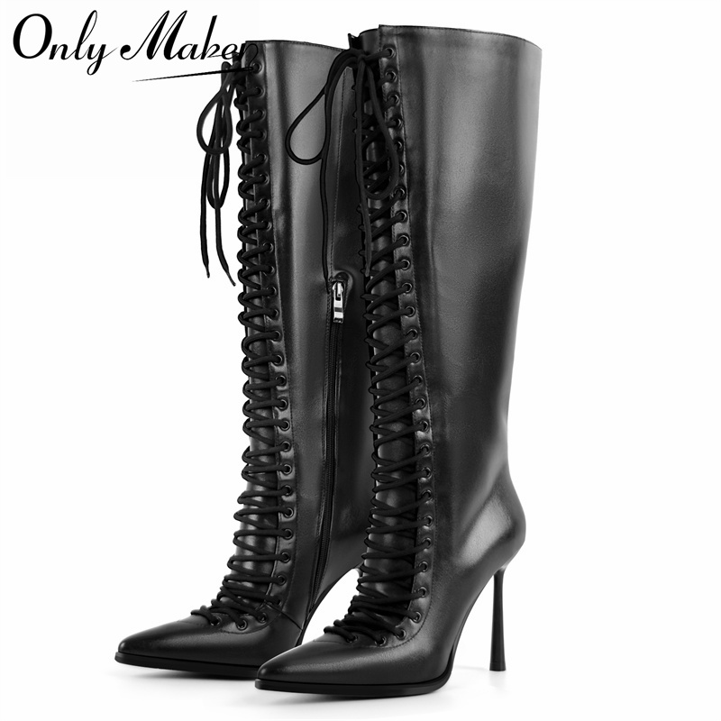 Women'S Fashion Knee High Boots - Onlymaker Pointed Toe Lace Up Faux