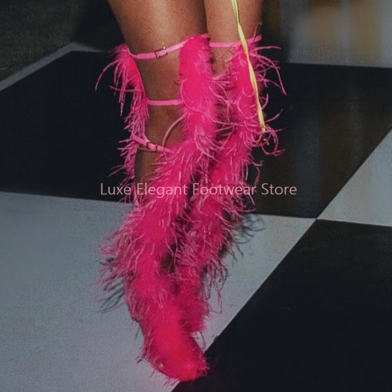 Pink Feather Strappy Hollow Bu - Women'S Fashion Knee High Boots recension och pris